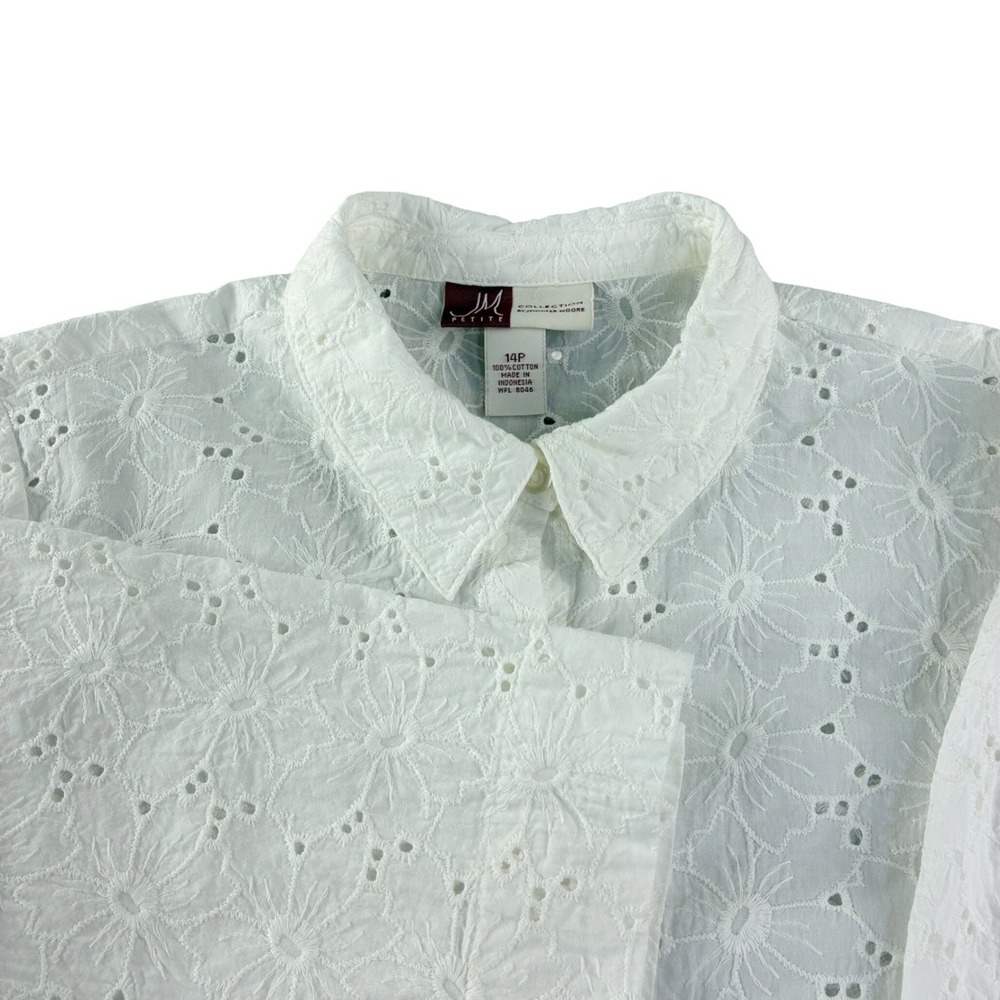 JM Collection Eyelet Lace Button Down Shirt Women 14P White Boho Shabby‎ Chic